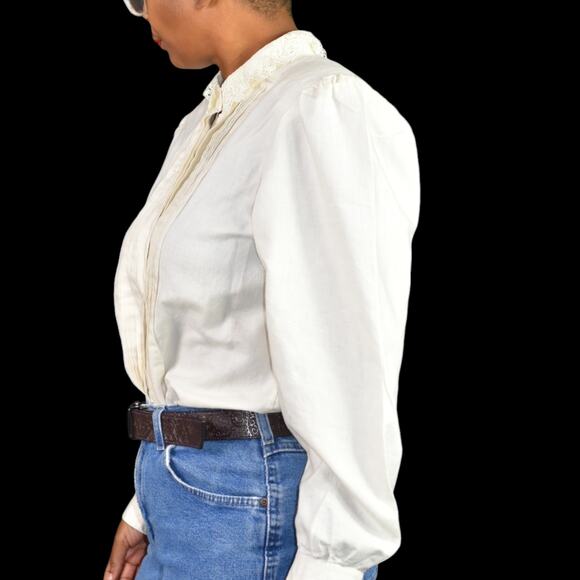 Vintage Peter Pan Collar Shirt White Shoulder Pads Gigot Embroidery Lace Large - Picture 15 of 16